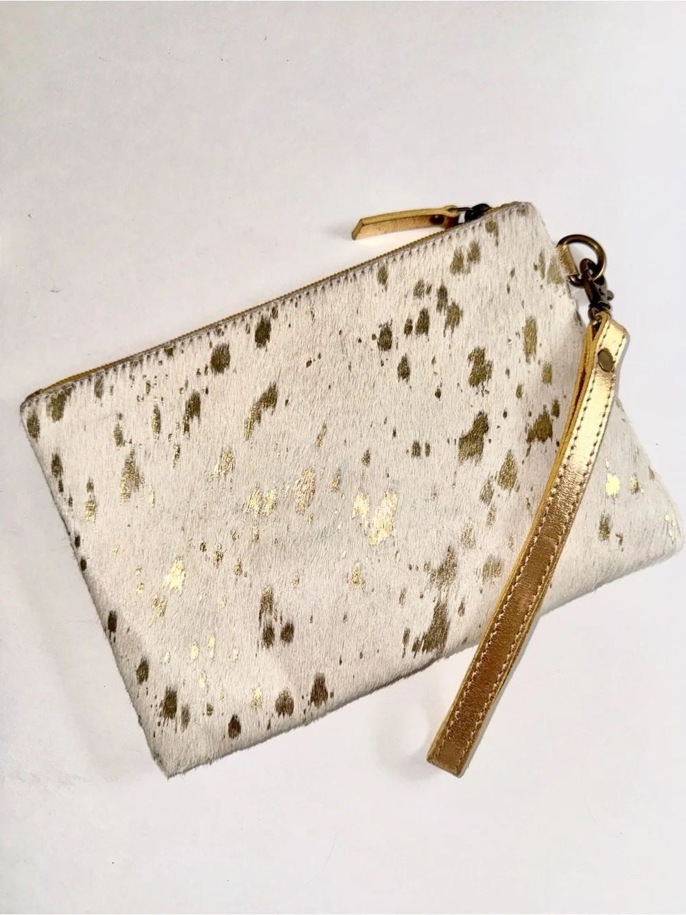 Mesa Luna Genuine Cowhide Wristlet Clutch Bag Cream Gold Metallic Speckled Small
